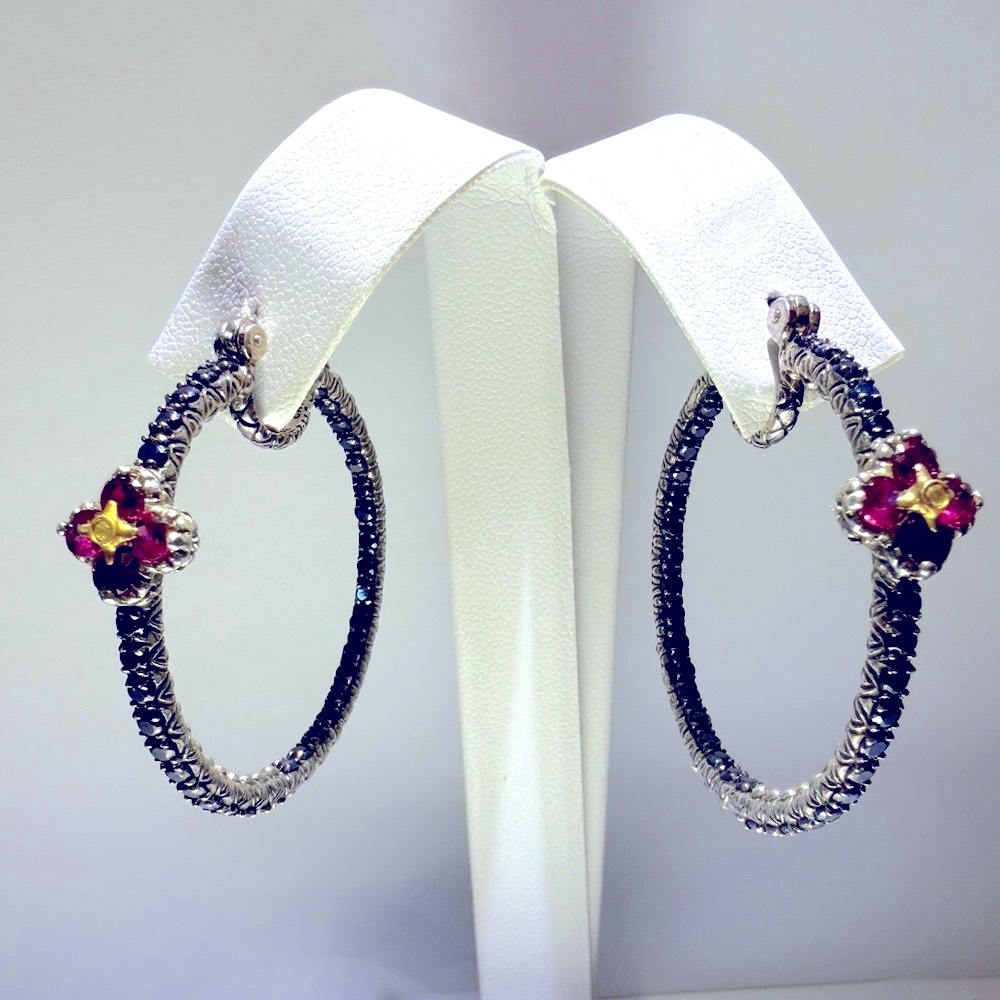 Barbara Bixby 18k/925 hoop earrings w/ Black Sapphires and Pink Garnets